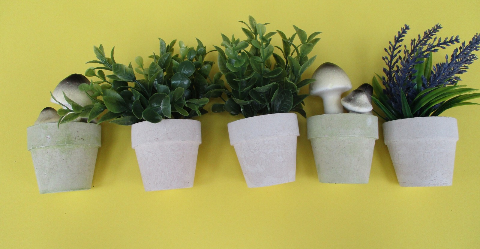 5 PLANTS IN POTS Artificial Small Fake home/office MUSHROOMS LAVENDAR GREENS