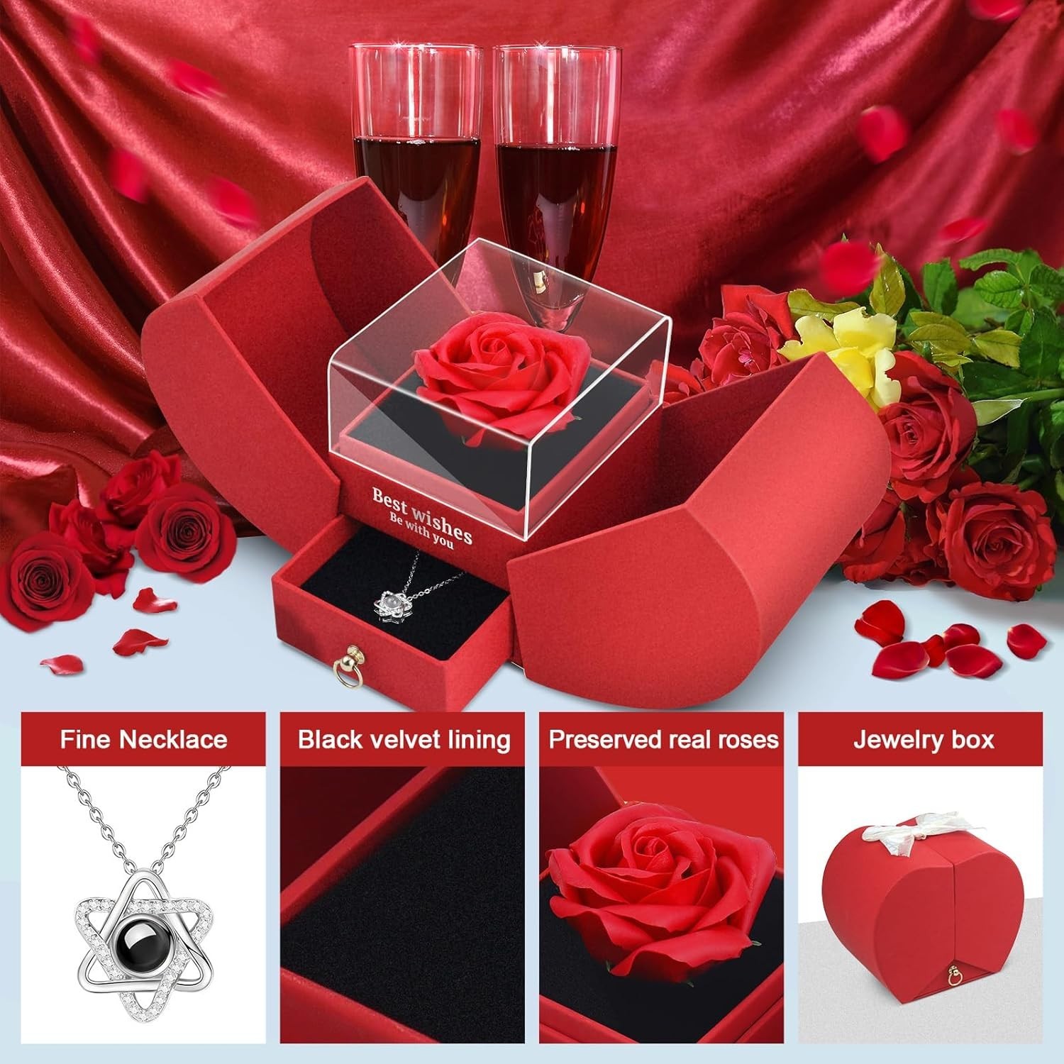 Preserved Red Real Rose with Heart I Love You Necklace -Eternal Flowers