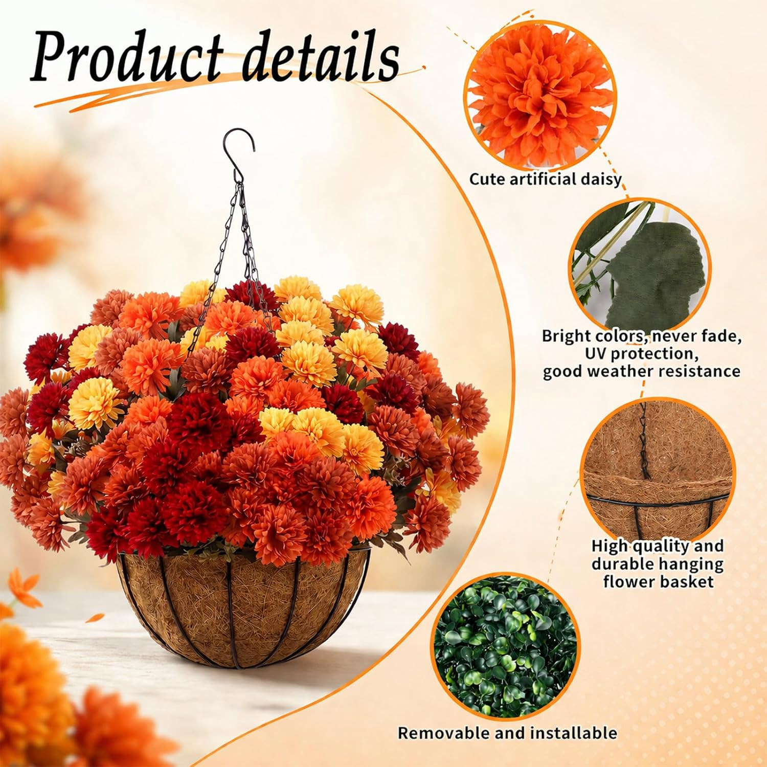 6 Bundle Fall Mum Artificial Flower Hanging Basket for Outdoor Porch Decor Fake