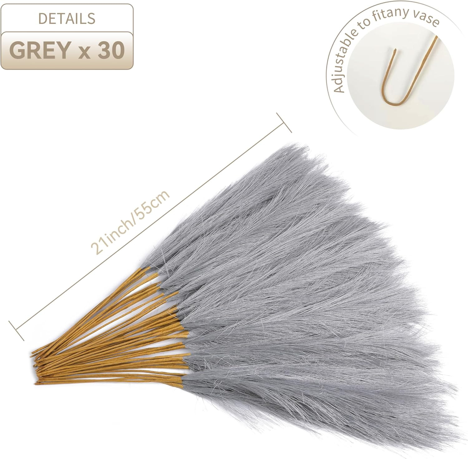 30Pcs 22″ Grey Pampas Grass Faux Pampas Grass Decor for Table Vase | Fluffy Pomp