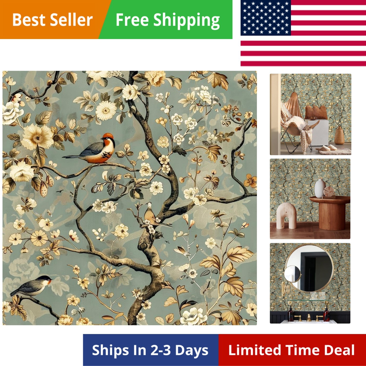 Blue/Yellow White Peony Flowers Bird Vintage Plants Peel and Stick Wallpaper …
