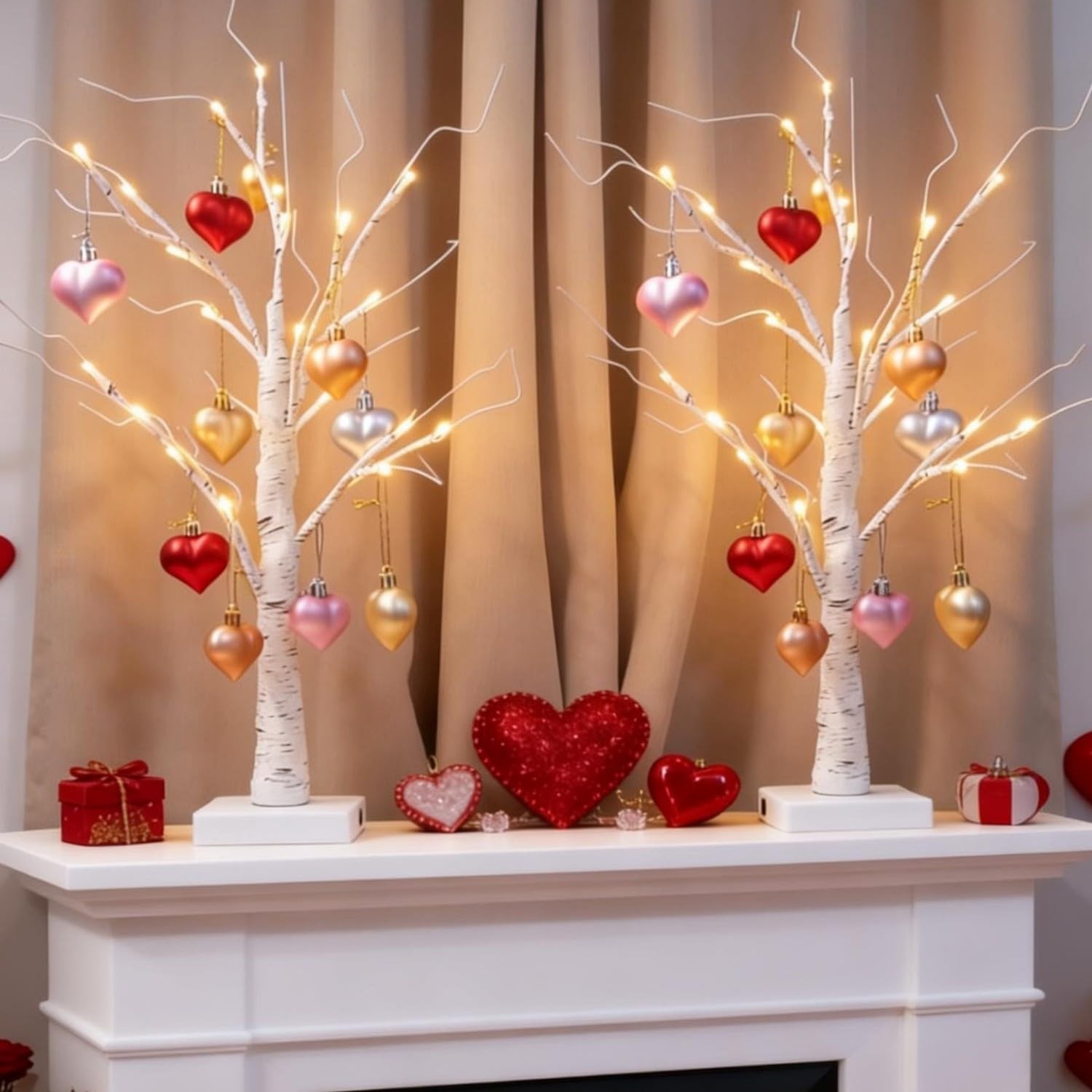 2 PCS Warm White Lighted Birch Tree Heart Ornament USB Battery Valentine Decor