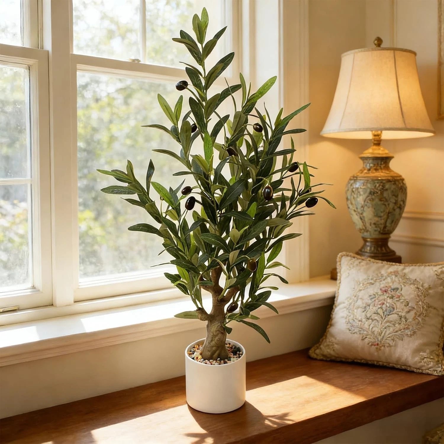 Fake Olive Tree with Pot Indoor, 30″ Artificial Olive Tree Stems Potted Green…