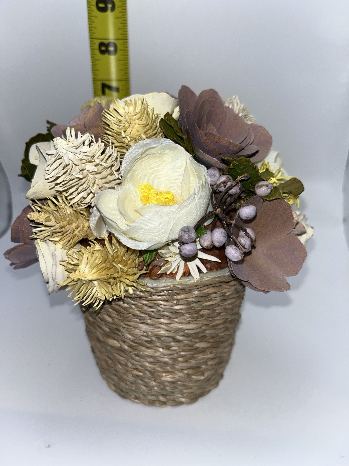 Sola Wood Rose Floral Arrangement Lavender Mauve Ivory Faux Flower Weave Basket