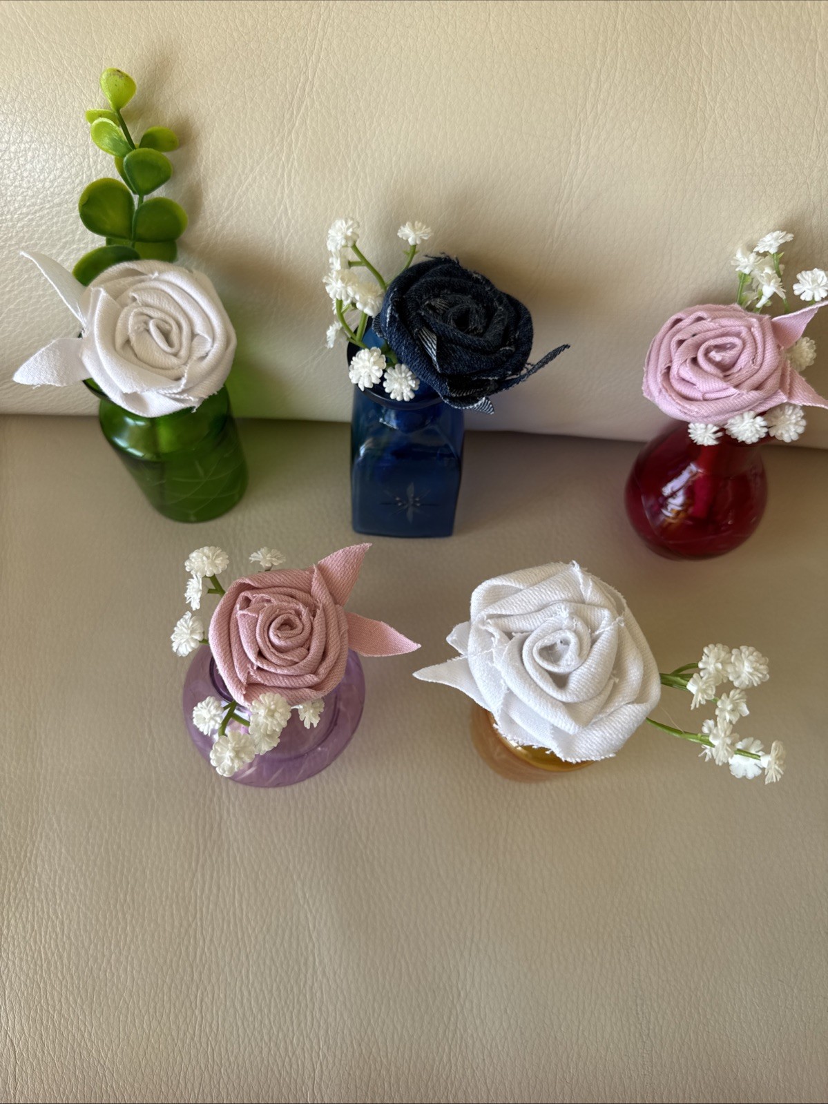 Five Small Upcycled 3 1/2” Vases With Coordinating Colors Handmade Denim Roses