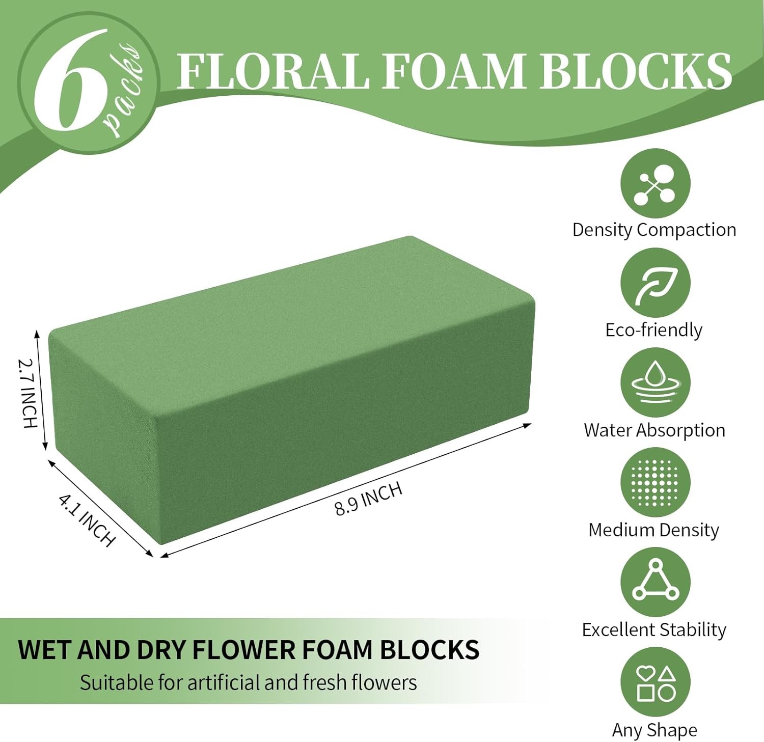 6 Pcs Floral Foam Blocks for Fresh & Artificial Flower Arrangement 8.8” x 4.1”