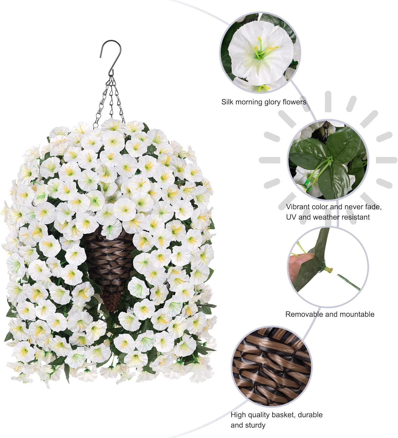 Indoor Outdoor Artificial White Morning Glory Flowers in Stylish Hanging Basket