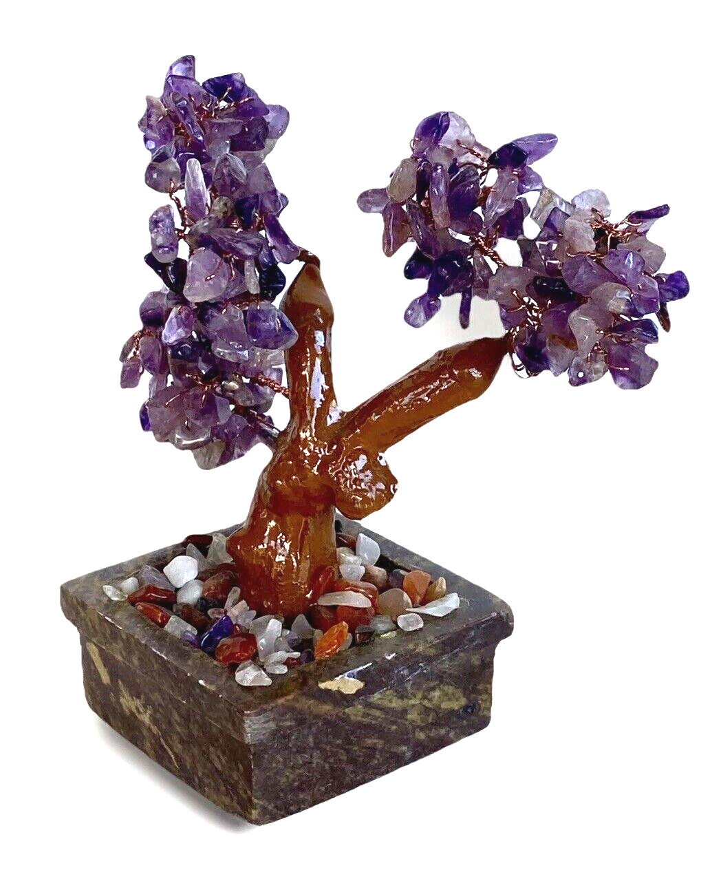 Vintage Polished Amethyst Chip Bonsai Tree Sculpture with Soapstone 4-3/4″ Tall
