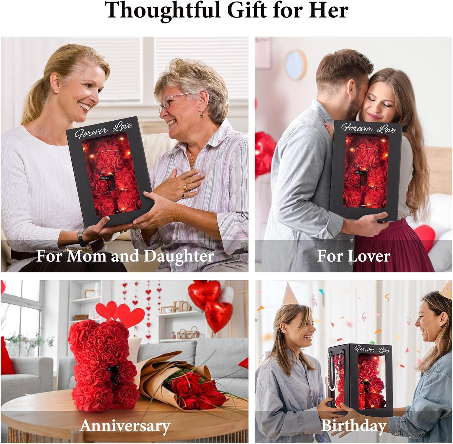 Rose Bear 10 Inch Red Flower Teddy Bear with Lights Box I Love You Necklace Card