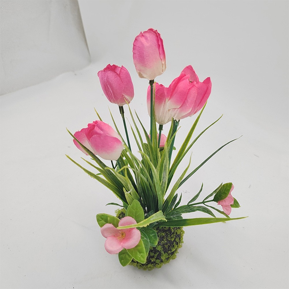 Artificial Pink Tulip in Decorative Moss Ball 7.5cm 23cm for Bookshelf