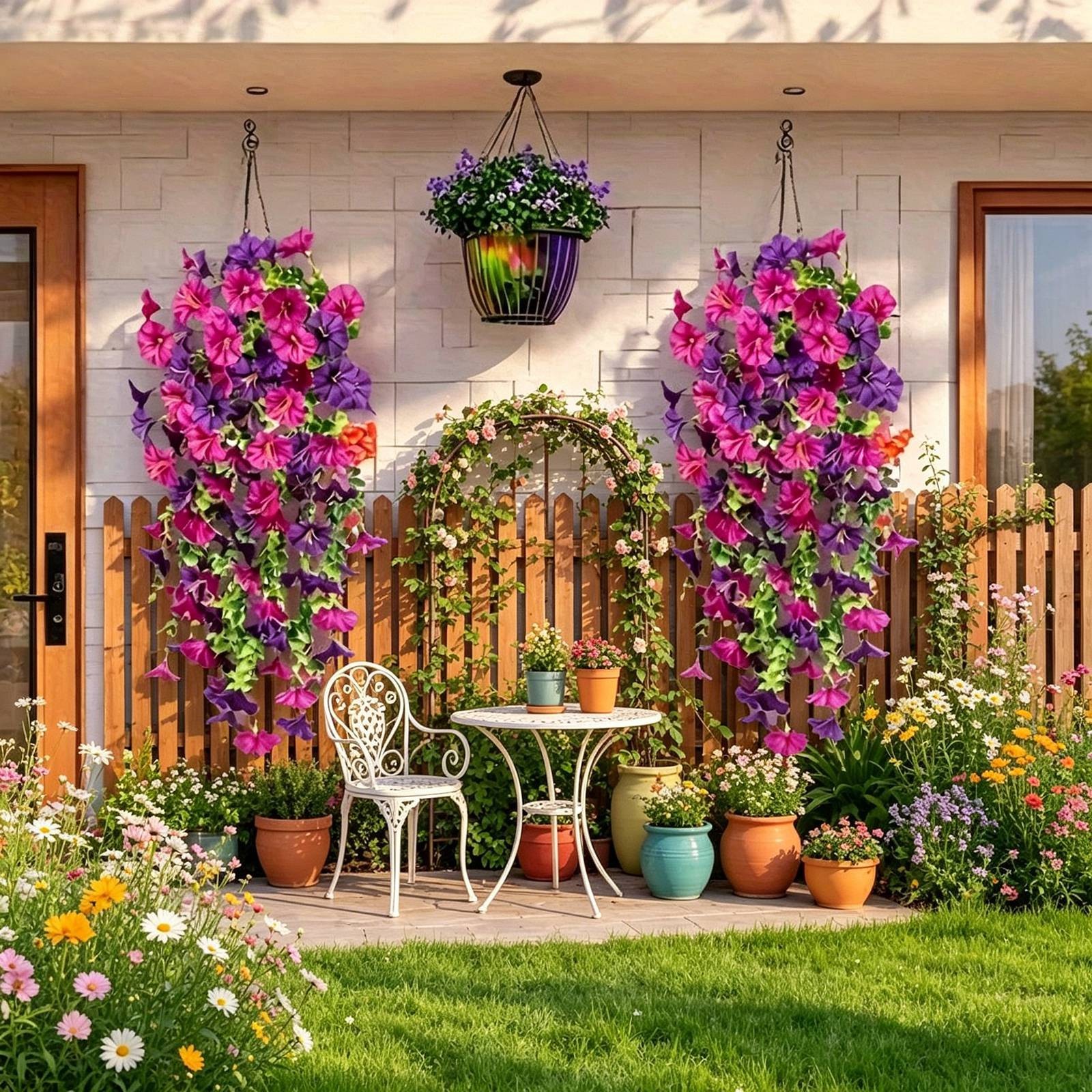 4PCS Artificial Morning Glory Vines UV Resistant Hanging Flowers Outdoor Decor