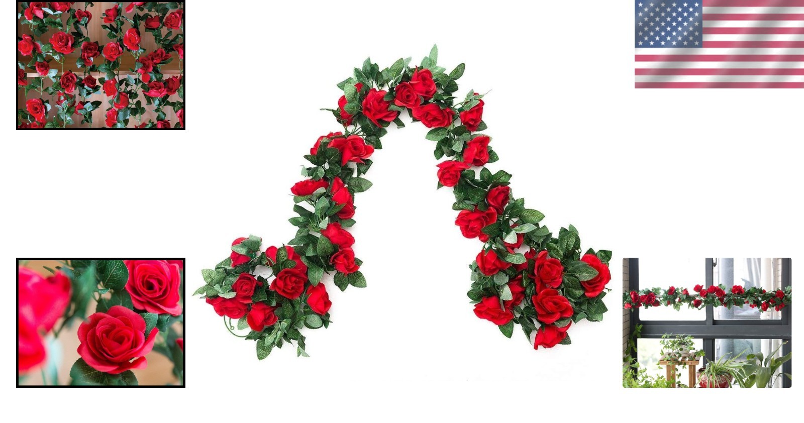 Artificial Rose Vine Flowers Garland Red 16FT 2 Pack Indoor Outdoor Decor