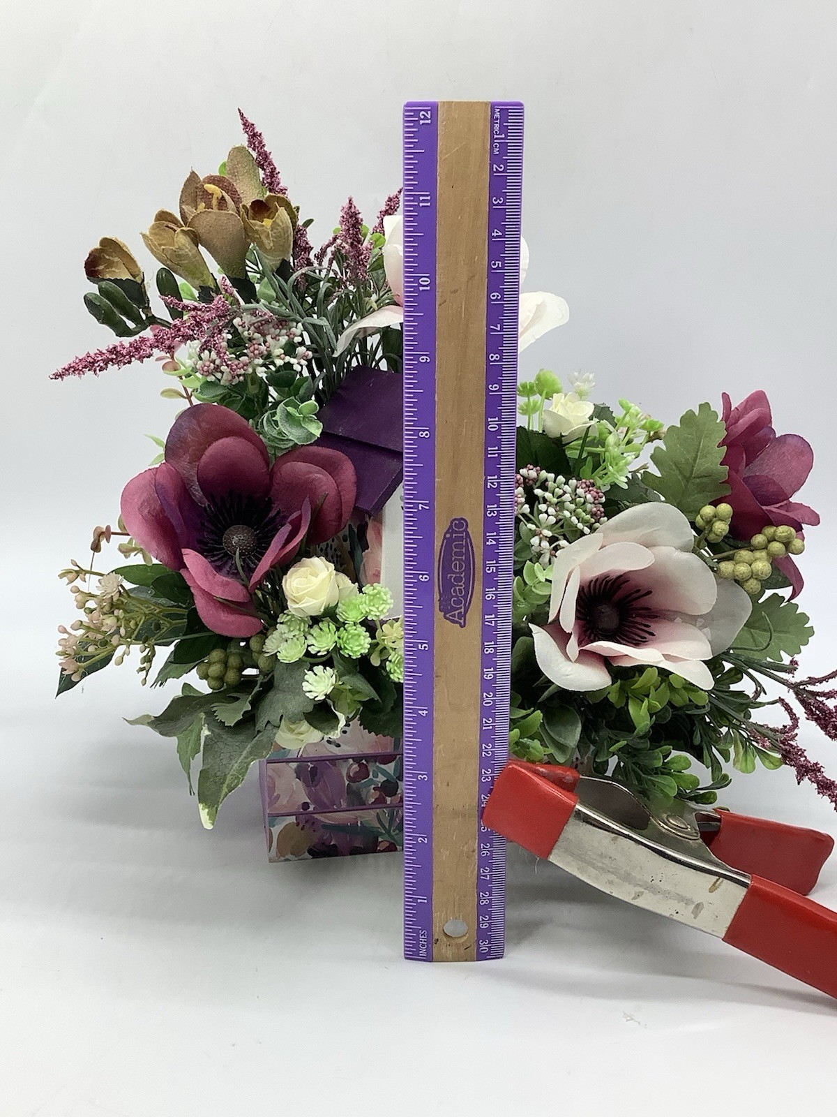 Handmade Purple Floral Arrangement With Hand painted Wood Birdhouse