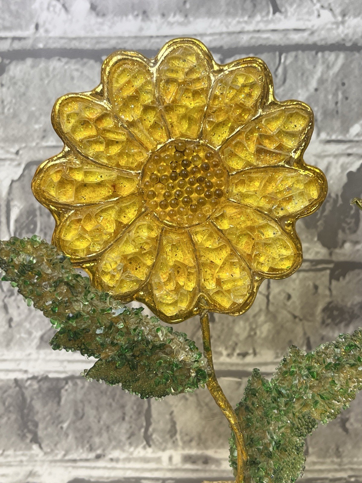 Lot Of 2 Potted Sunflowers Glitter Fused Crushed/Broken Glass