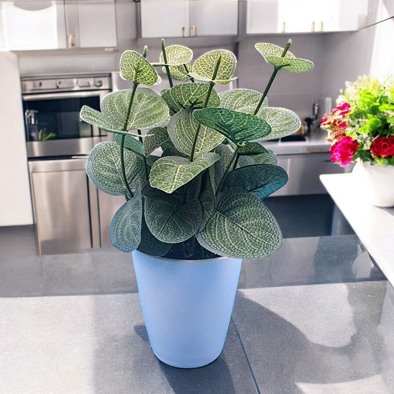 Faux Eucalyptus Potted Plant In White Ceramic Pot 8″ H Realistic Green Leaves