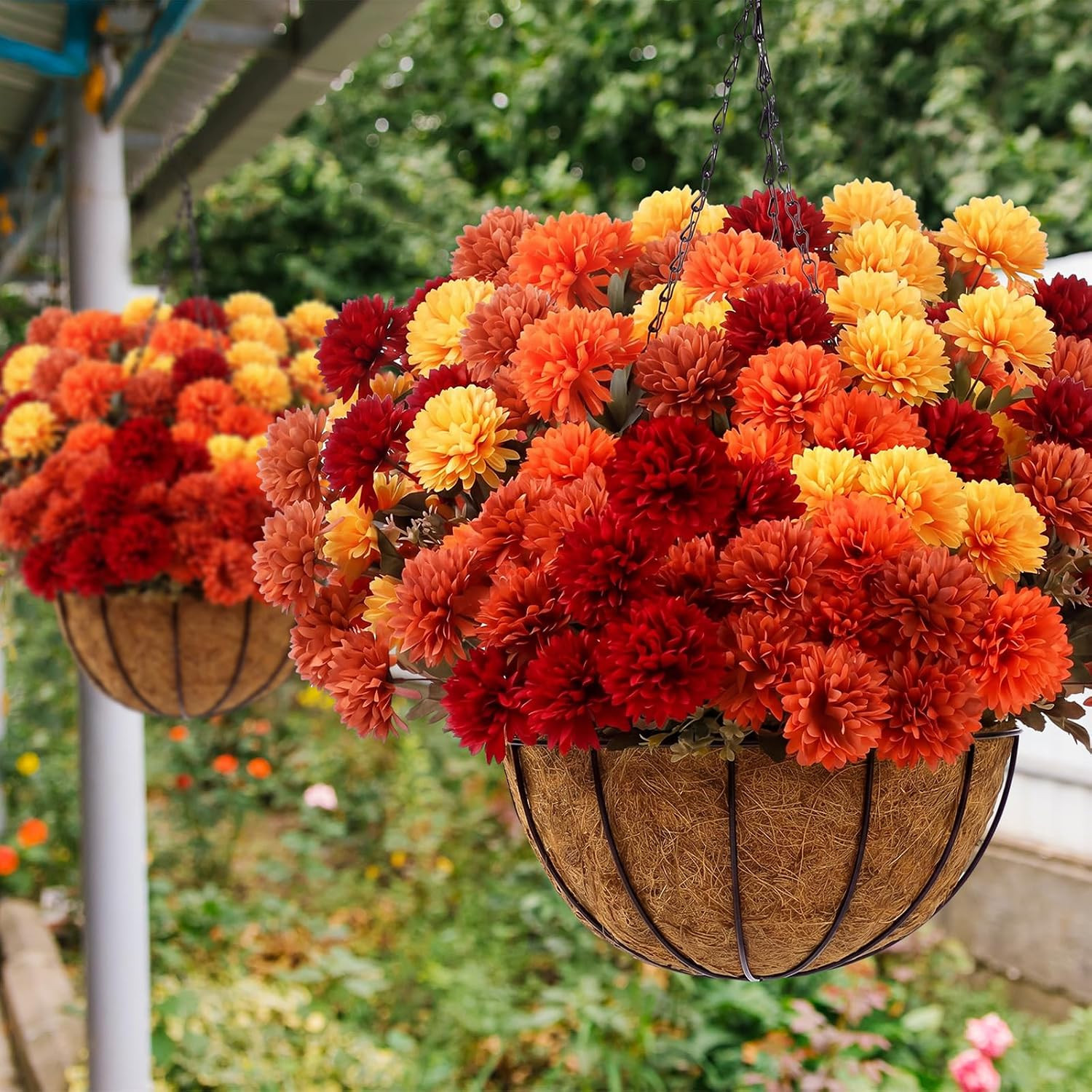 6 Bundle Fall Mum Artificial Flower Hanging Basket for Outdoor Porch Decor Fake