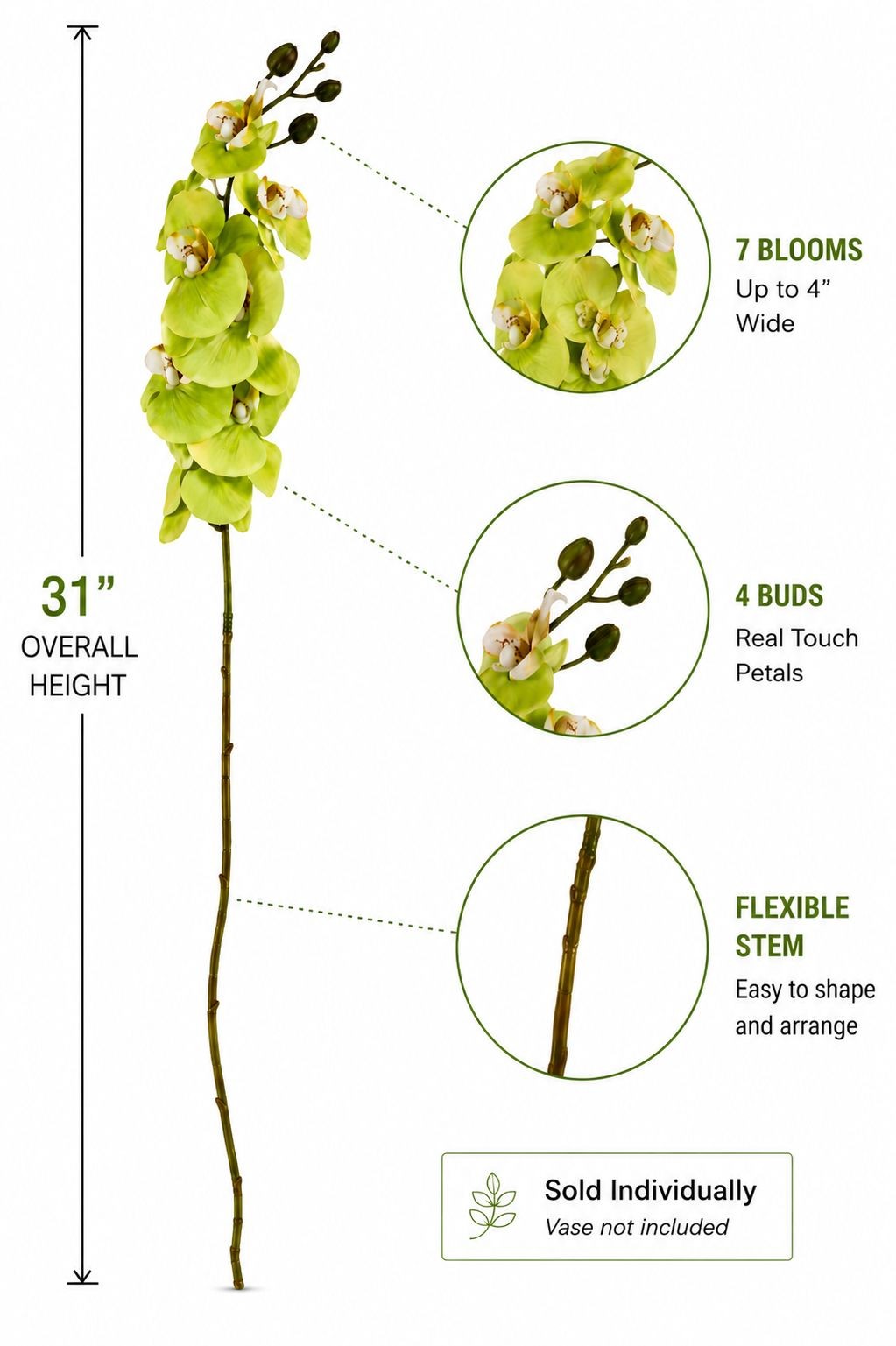 Real Touch Cymbidium Orchid Stem | Green Artificial Orchid | 31 Inch Faux Floral