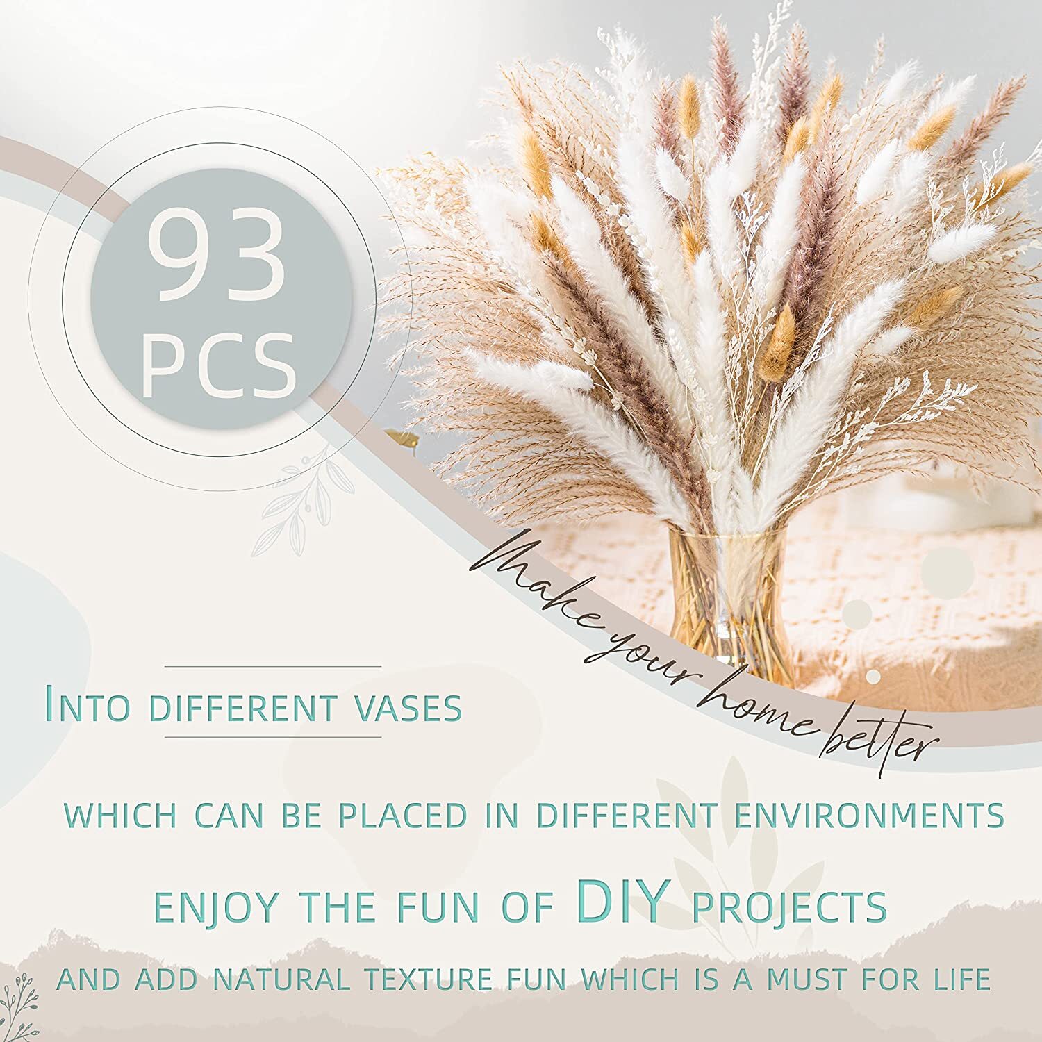 93PCS Natural Mix Dried Pampas Bouquet for Wedding Boho Flowers Home Table Decor