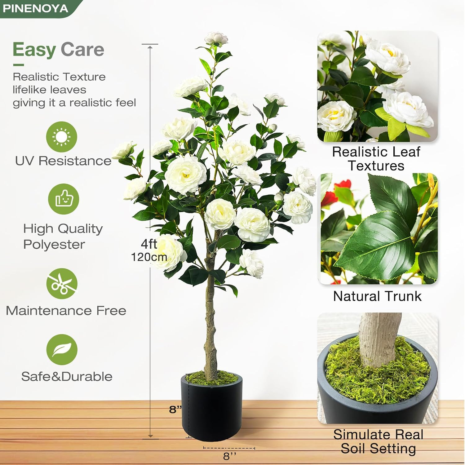48” Artificial Camellia Tree with White Flower in Pots -2 Pack 4FT Faux Camelli