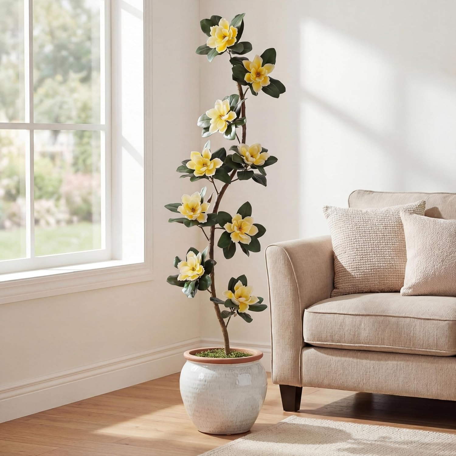 7 Ft Faux Rubber Tree with Magnolia Flowers for Indoor Decor