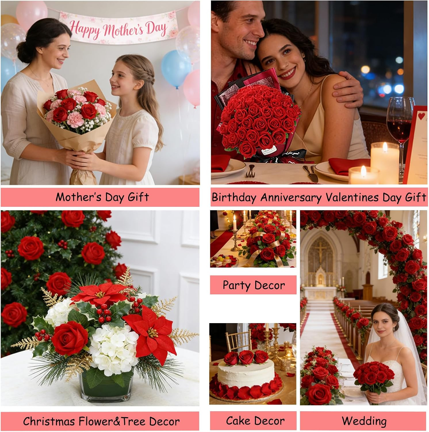 Roses Artificial Flowers, Fake Silk Roses with Stems for Valentine’s Day Mother’
