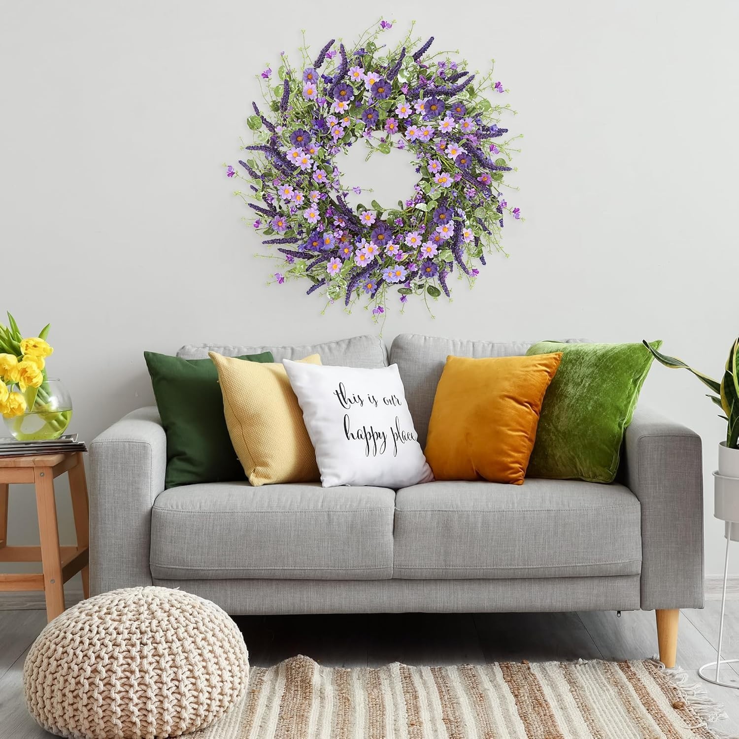 Elegant 24-Inch Purple Daisy Wreath for Front Door Decor – Handmade Silk Floral