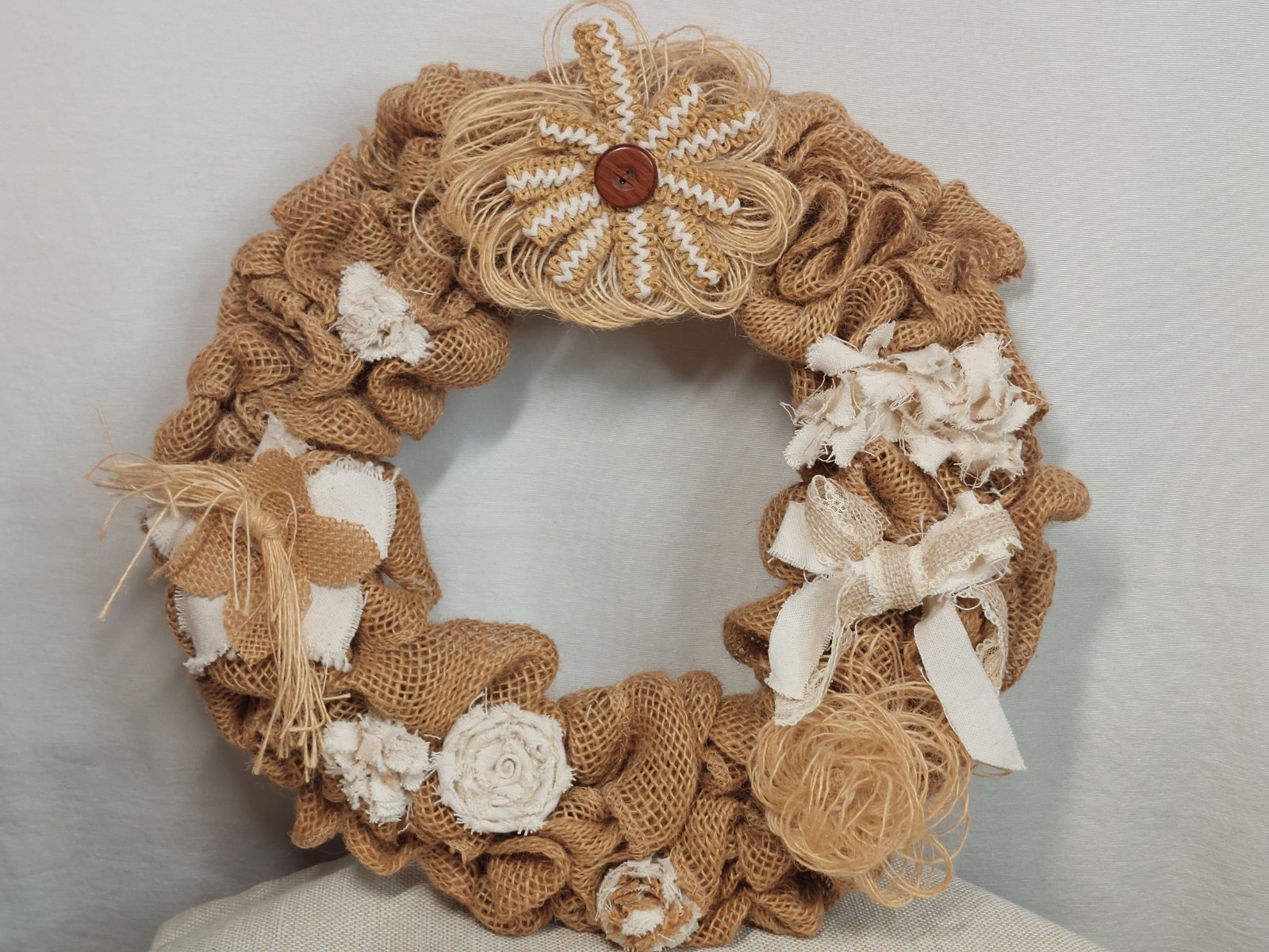13″ Brown White Rose Flower Farmhouse Burlap Wreath Cottage Core Elegant Rustic
