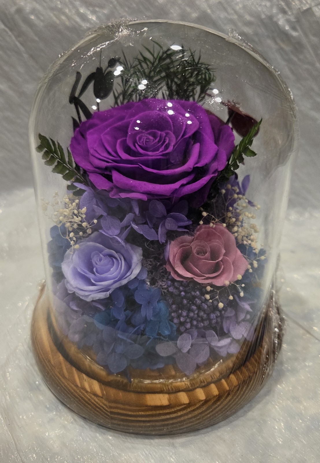Preserved Flowers in Glass Dome Lights Up Purple Rose Christmas Gift Holiday