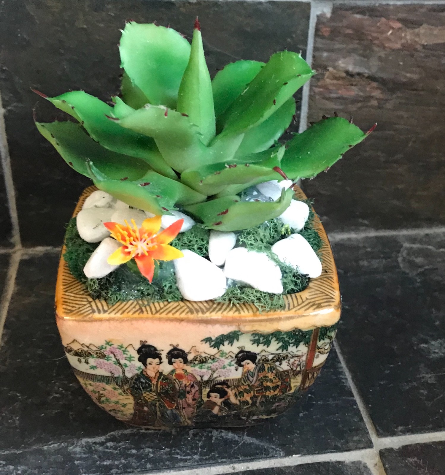 Artificial Green Grass Succulent Planter in a Satsuma Bowl with Geishas