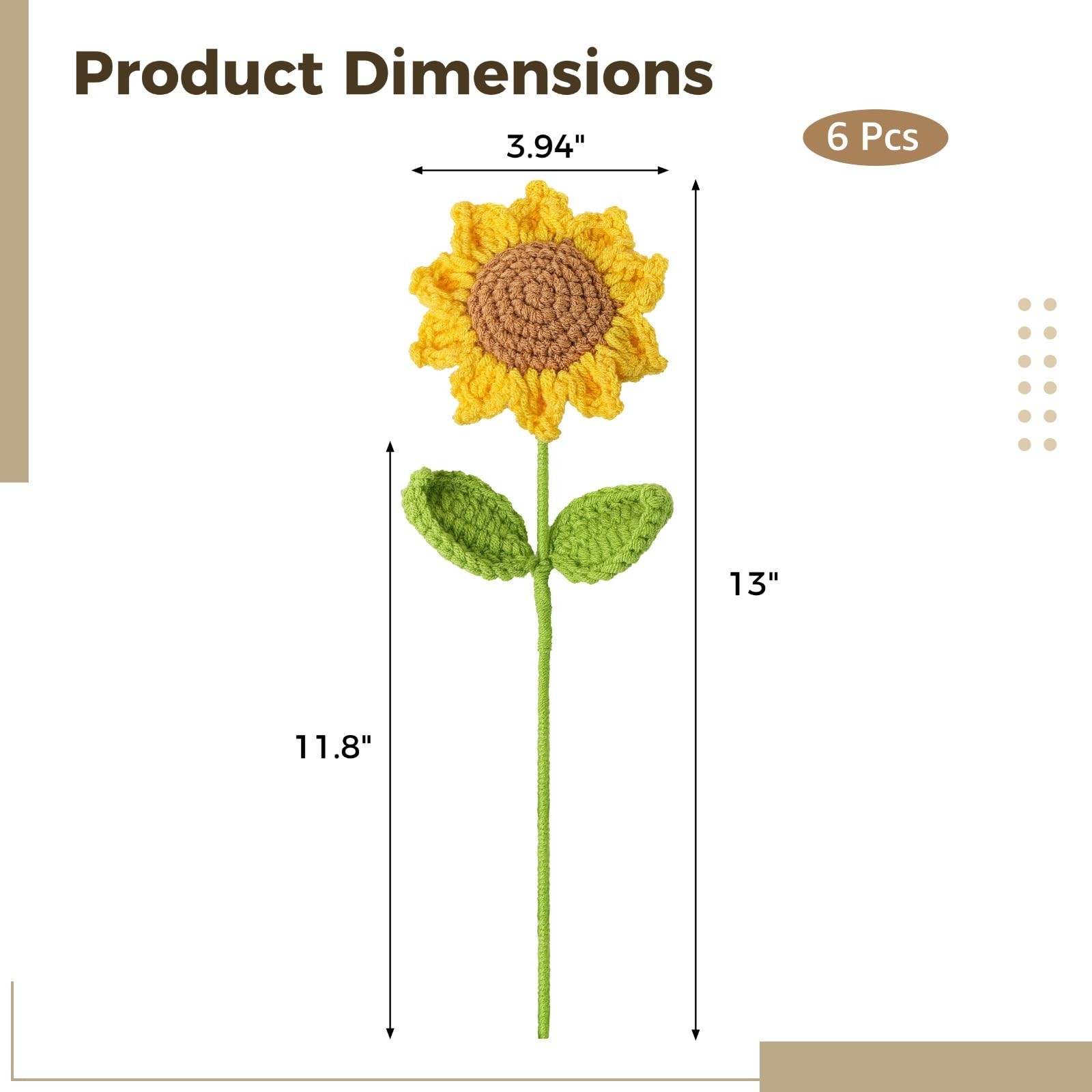 6 Pcs Crochet Sunflower Bouquet, Handmade Yellow Sunflowers with Green Leaves…