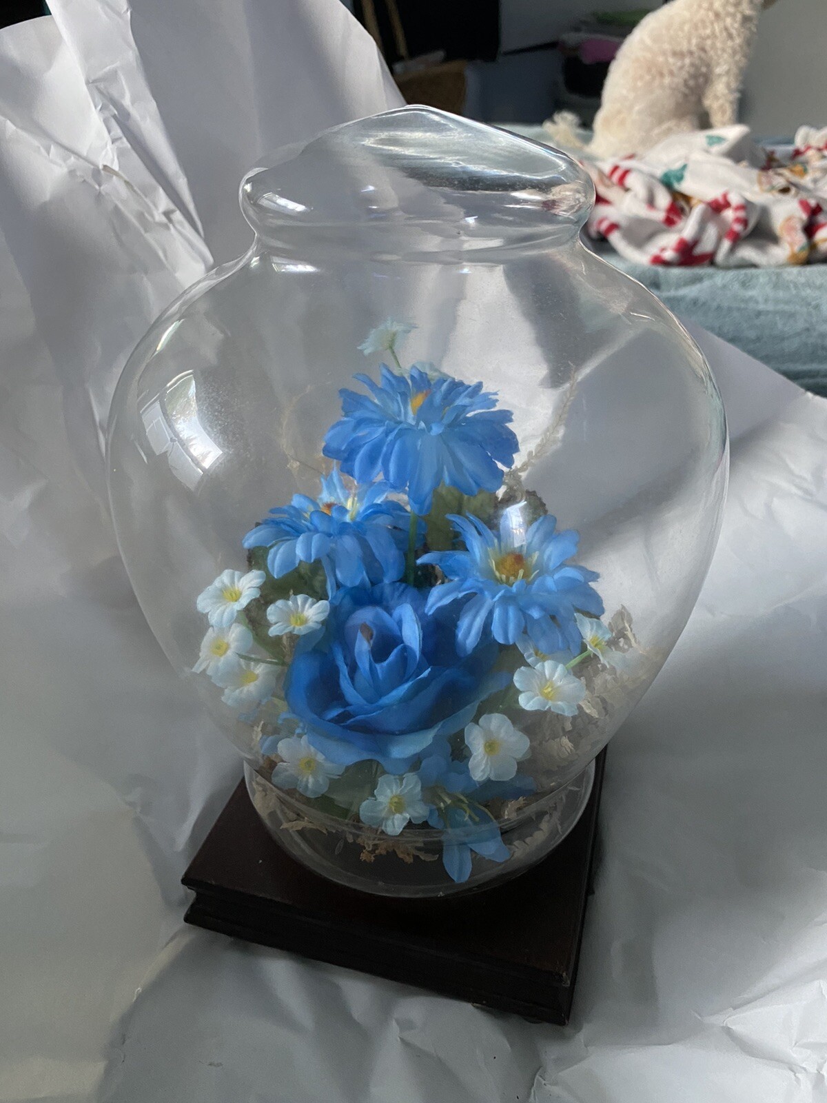 Silk Blue Flowers Glass Terranium Vintage Display Wood Stand Base