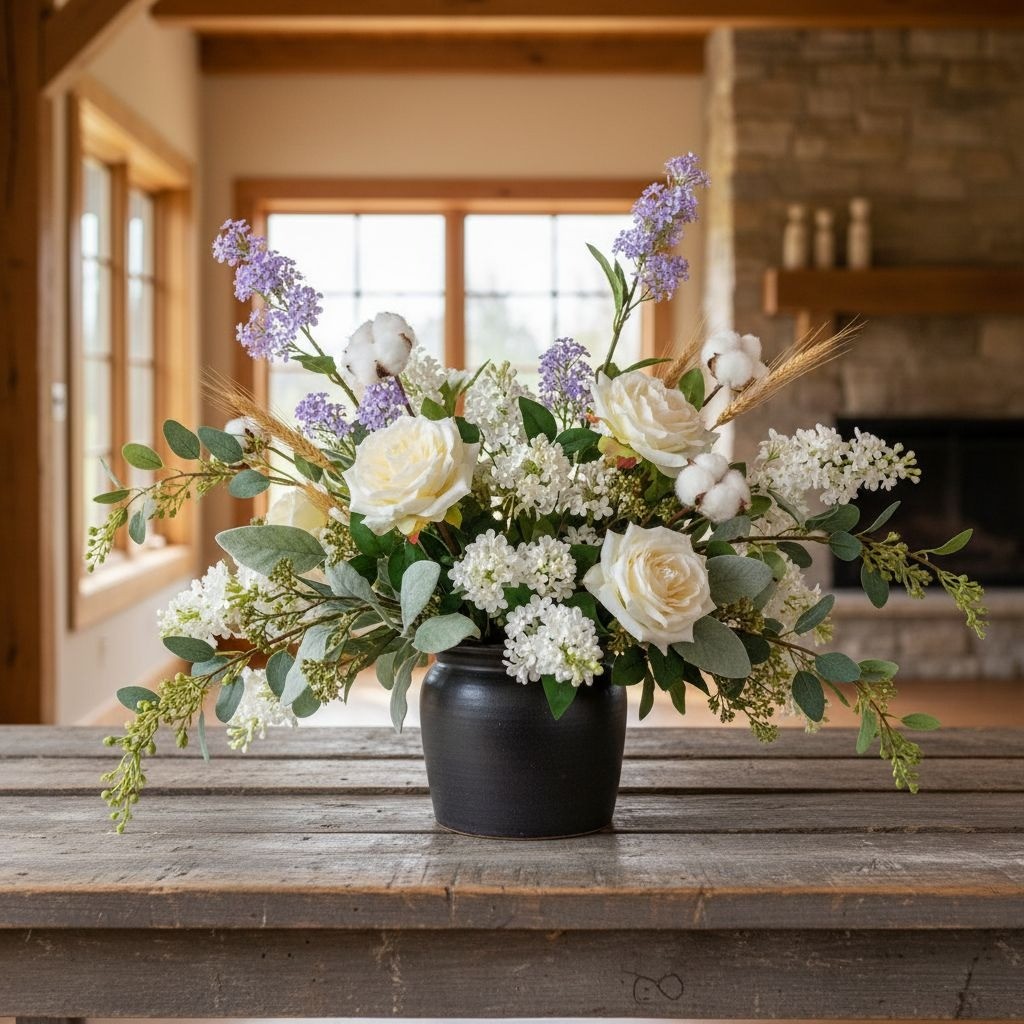 Artificial White Lilac Look Stems Set of 2, 30 Inch Faux Filler Flowers, Cottage