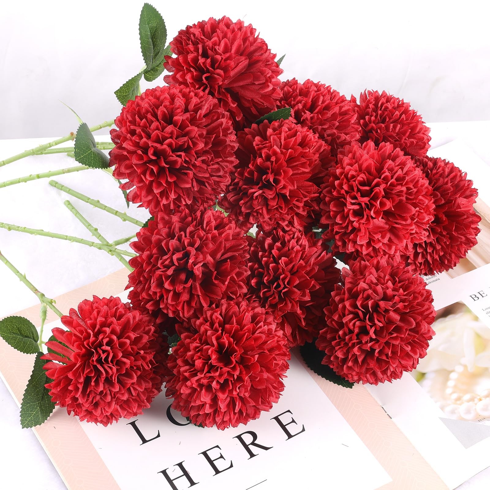 Artificial Chrysanthemums 12 PCS Burgundy Red Fake Mums Silk Flowers
