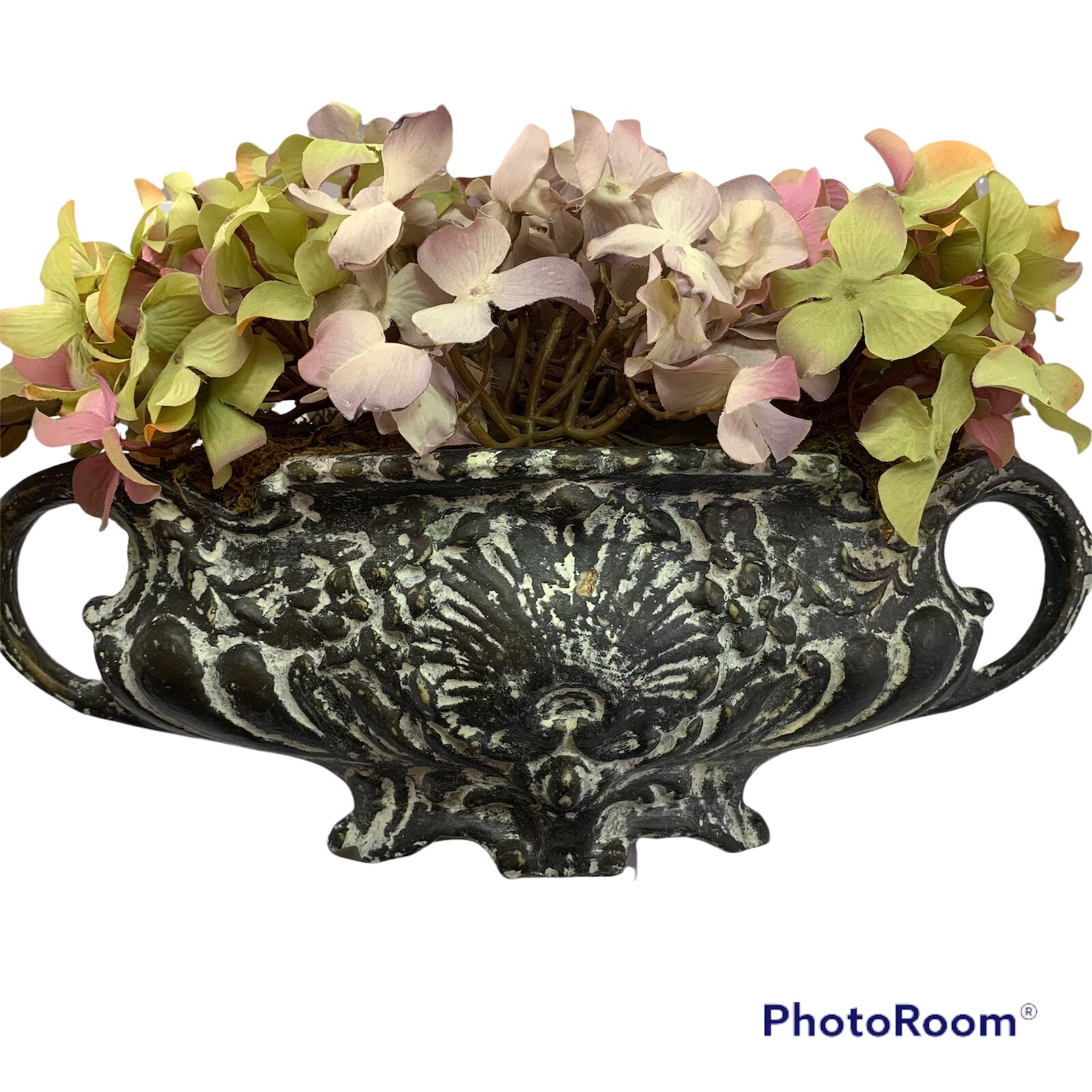 Faux Hydrangas Distressed Italianate Resin Urn 16x9x8”