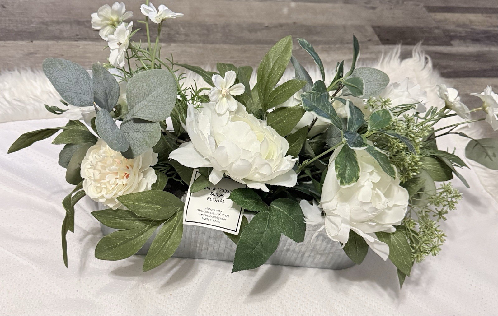 Hobby Lobby Artificial Peony Arrangement White Green Silk in Metal Container