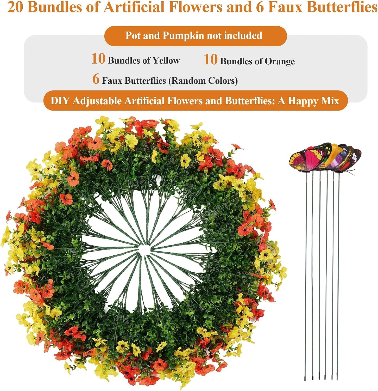 20 Bundled Artificial Flowers for Outdoors‌ and 6 Faux Butterflies | UV Resis…
