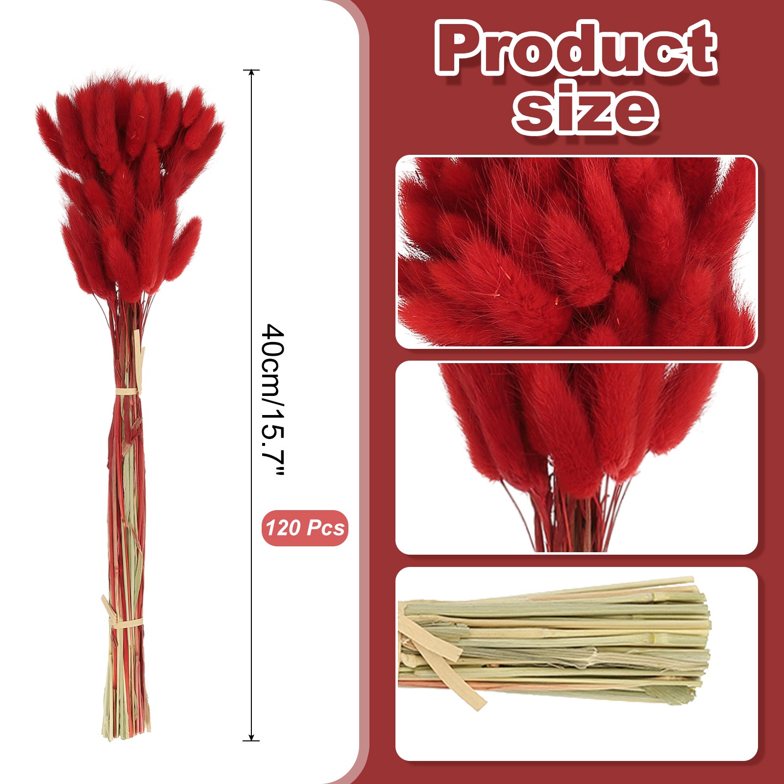 15.7in Bunny Tails Dried Flowers, 120pcs Pampas Grass Decor Rabbit Tail, Red
