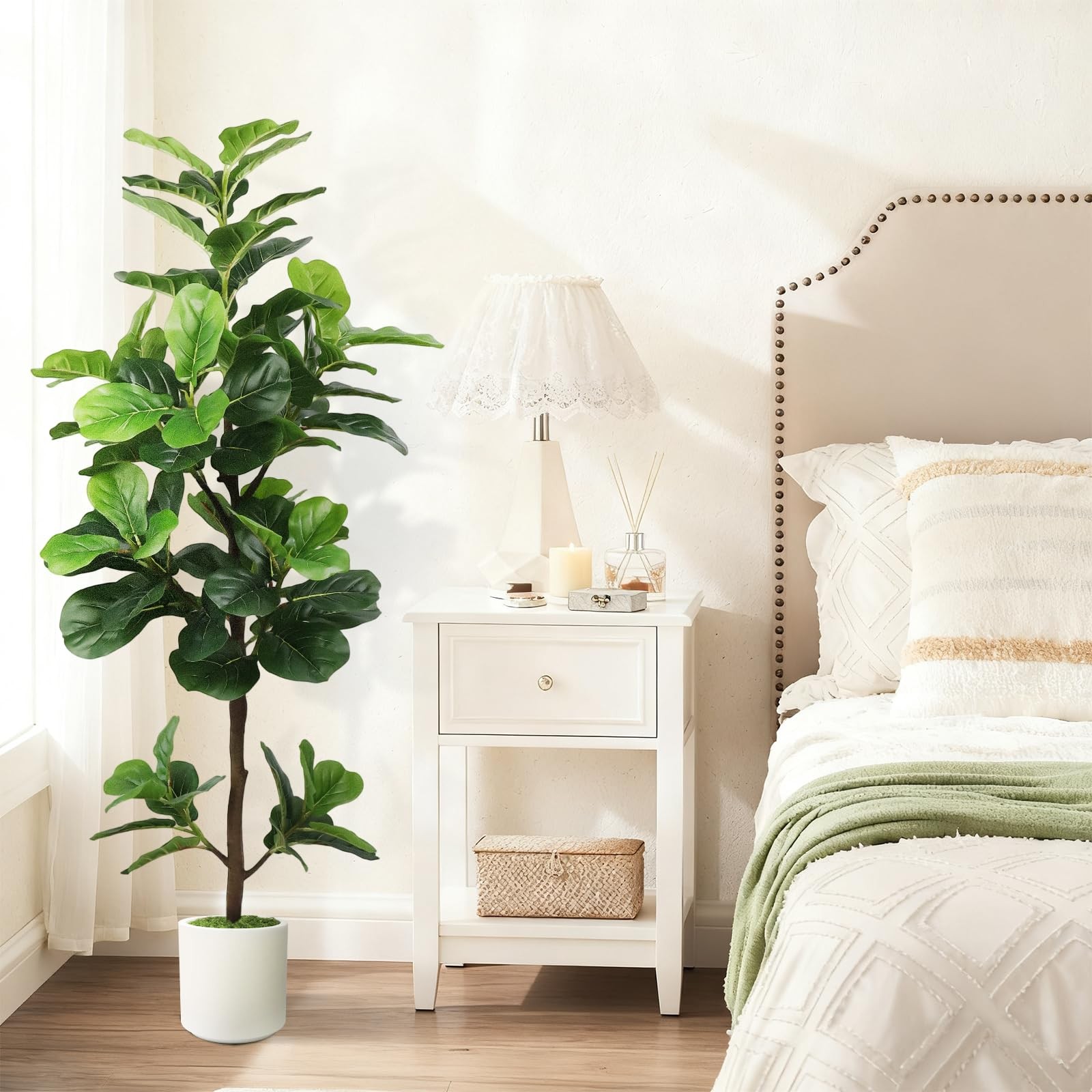 5FT Artificial Fiddle Leaf Fig Tree with White Planter & Fake Moss, Realistic…