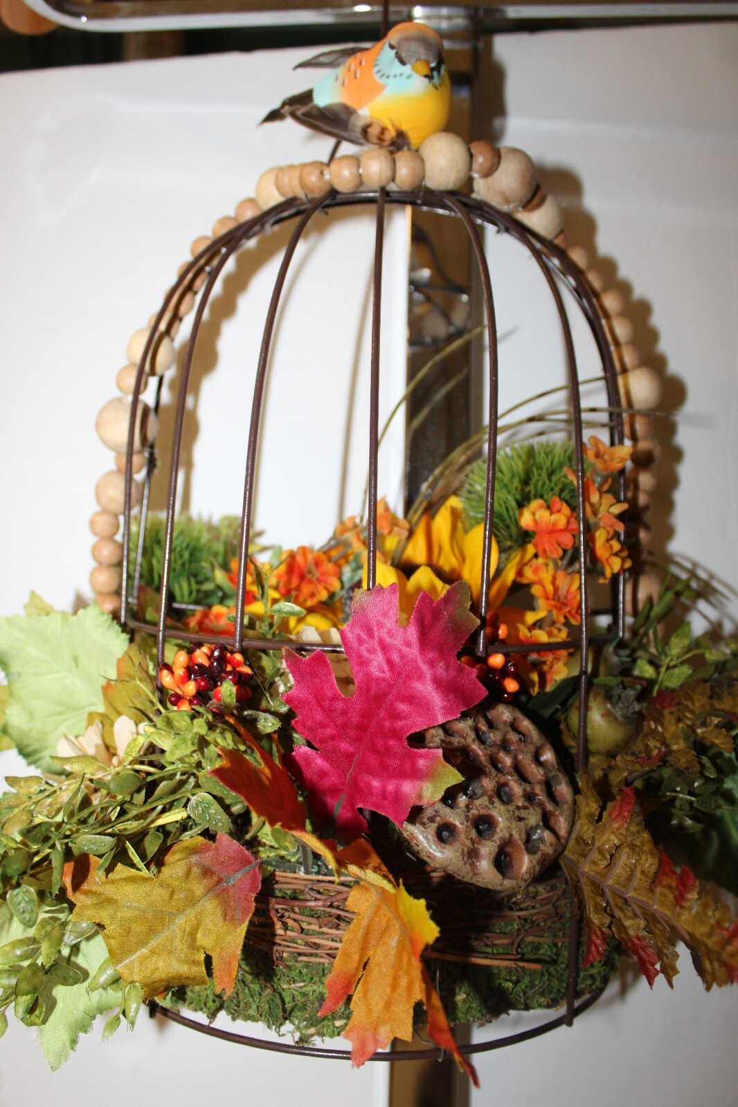 FALL AUTUMN FLOWER ARRANGEMENT BIRD CAGE CENTERPIECE 15”