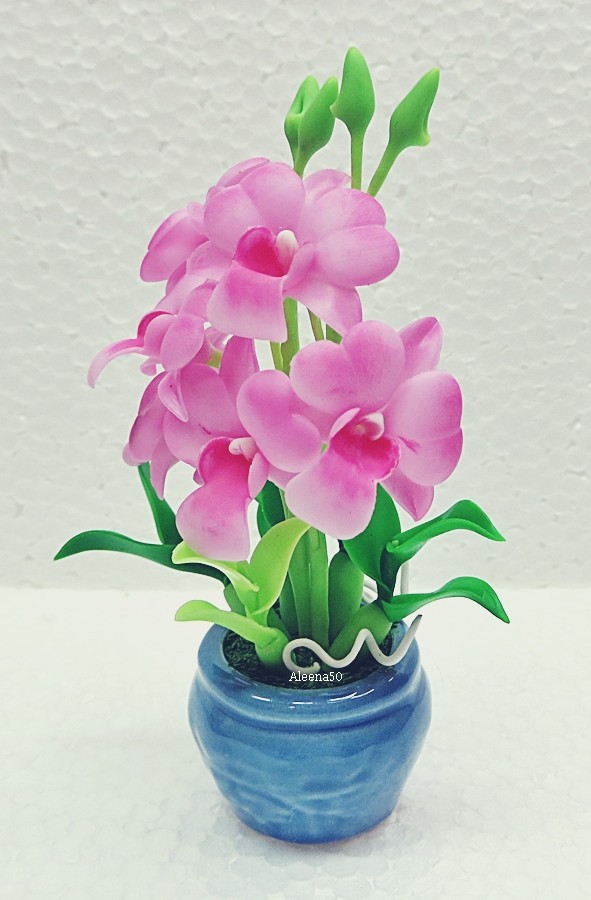 US Stock 4″H Handmade Air-Dry-Clay Miniature Dendrobium Orchid Arranged in Pot