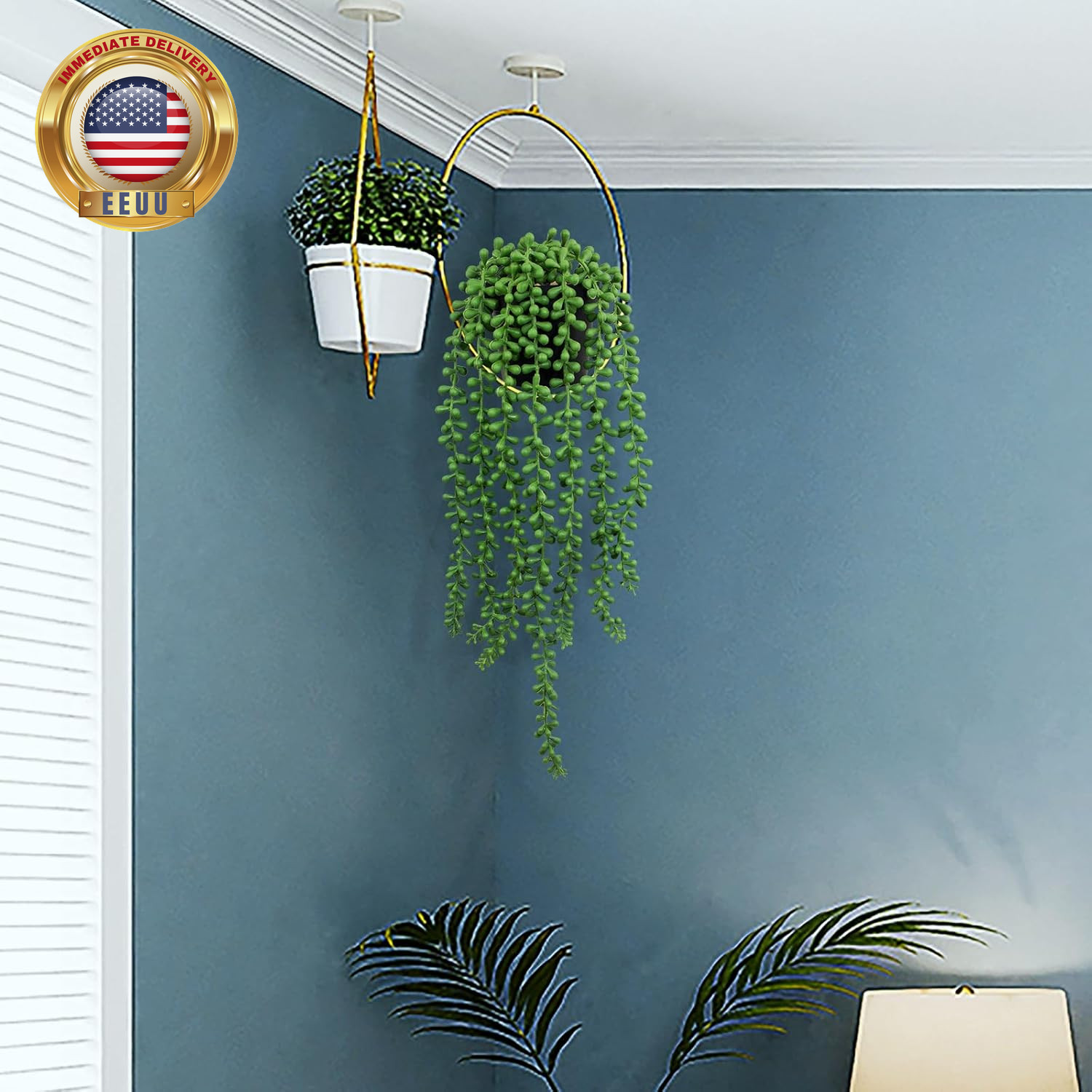 Fake Plants Indoor Artificial String of Pearls Plant in Black Pots, Realistic Gr