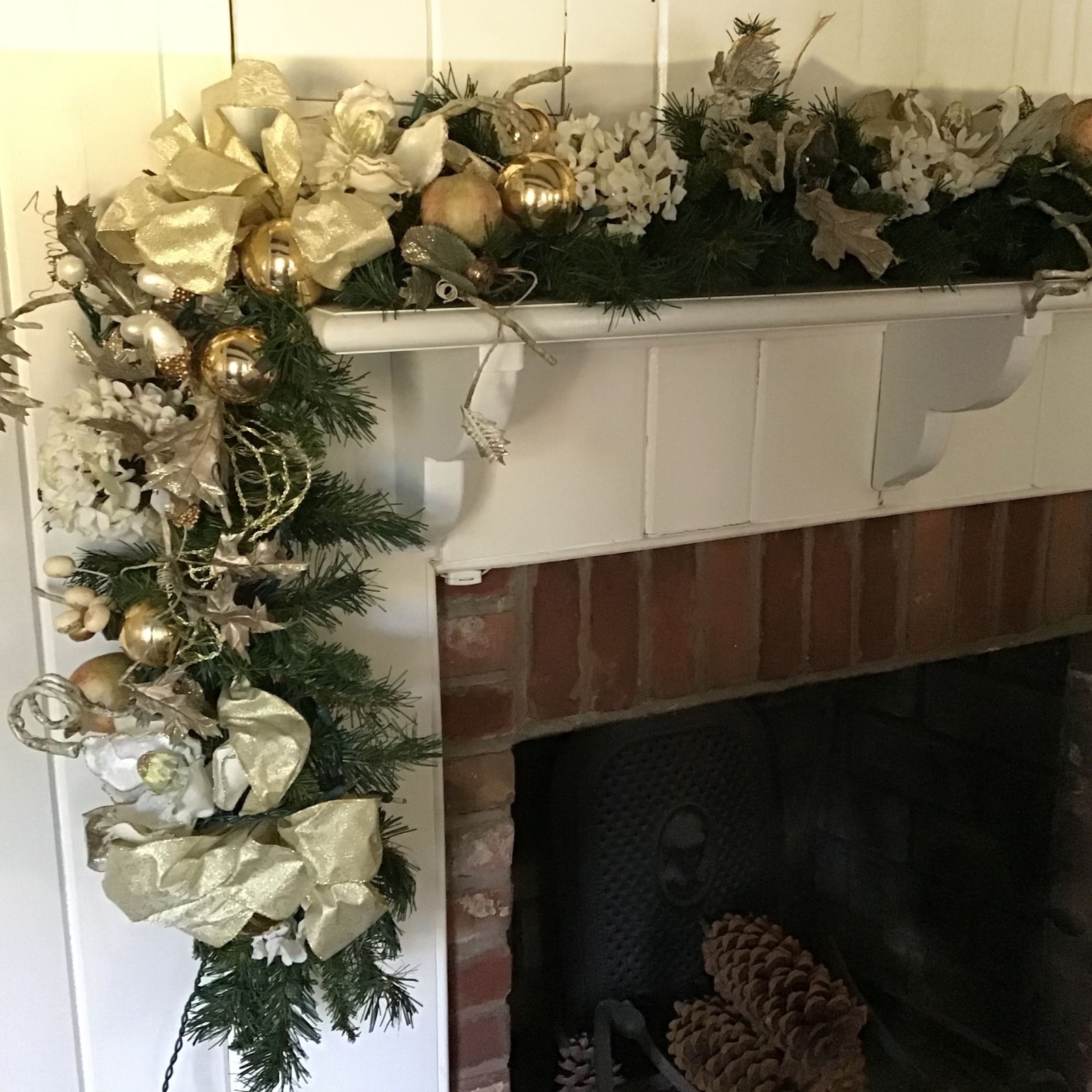 Holiday Swag with white silk Magnolias Hydrengeas Silver Glass Bubbles Gold
