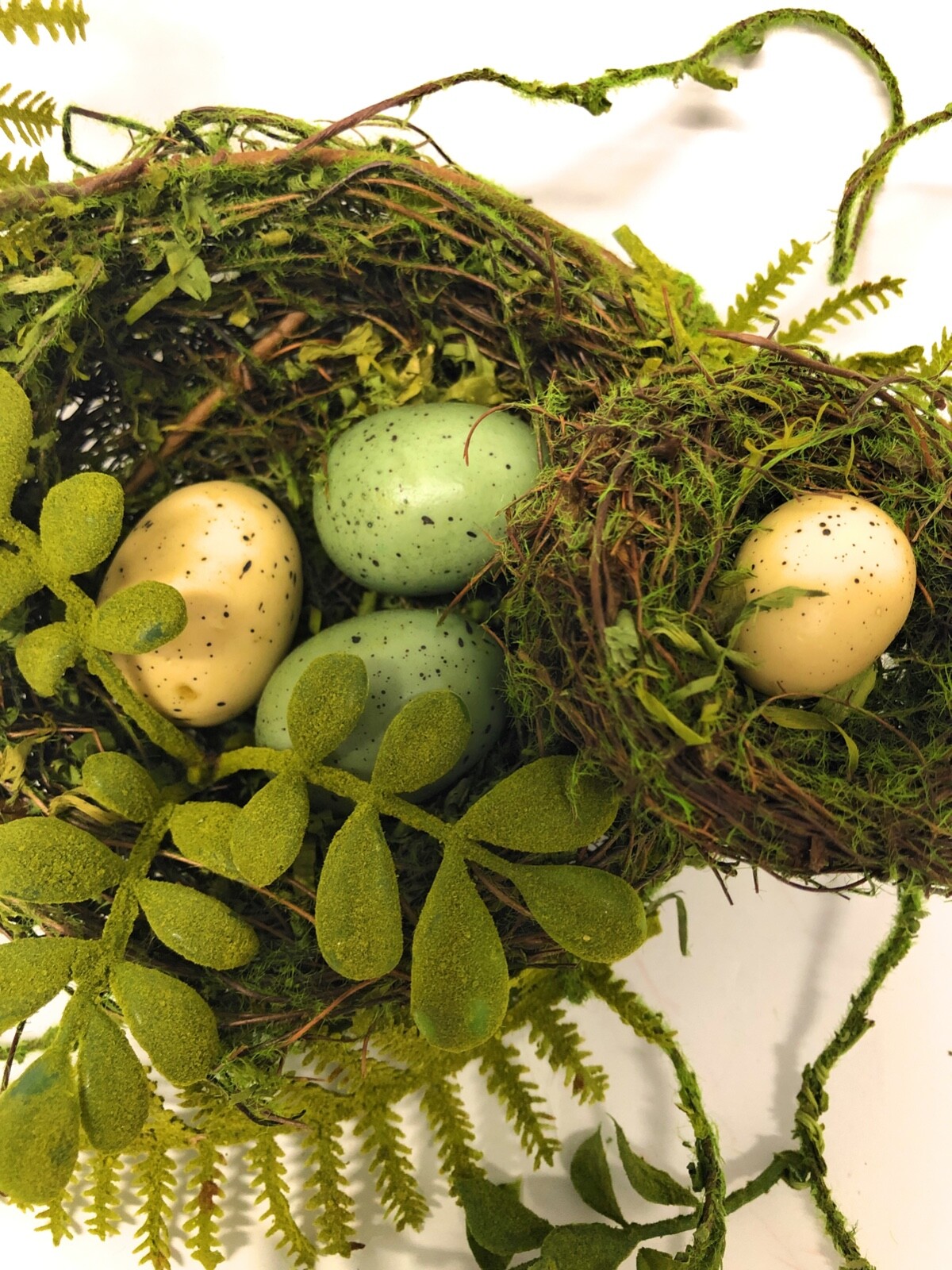 Artificial Moss Covered Twig Double Bird Nest with Fern and Vine Accents.eggs
