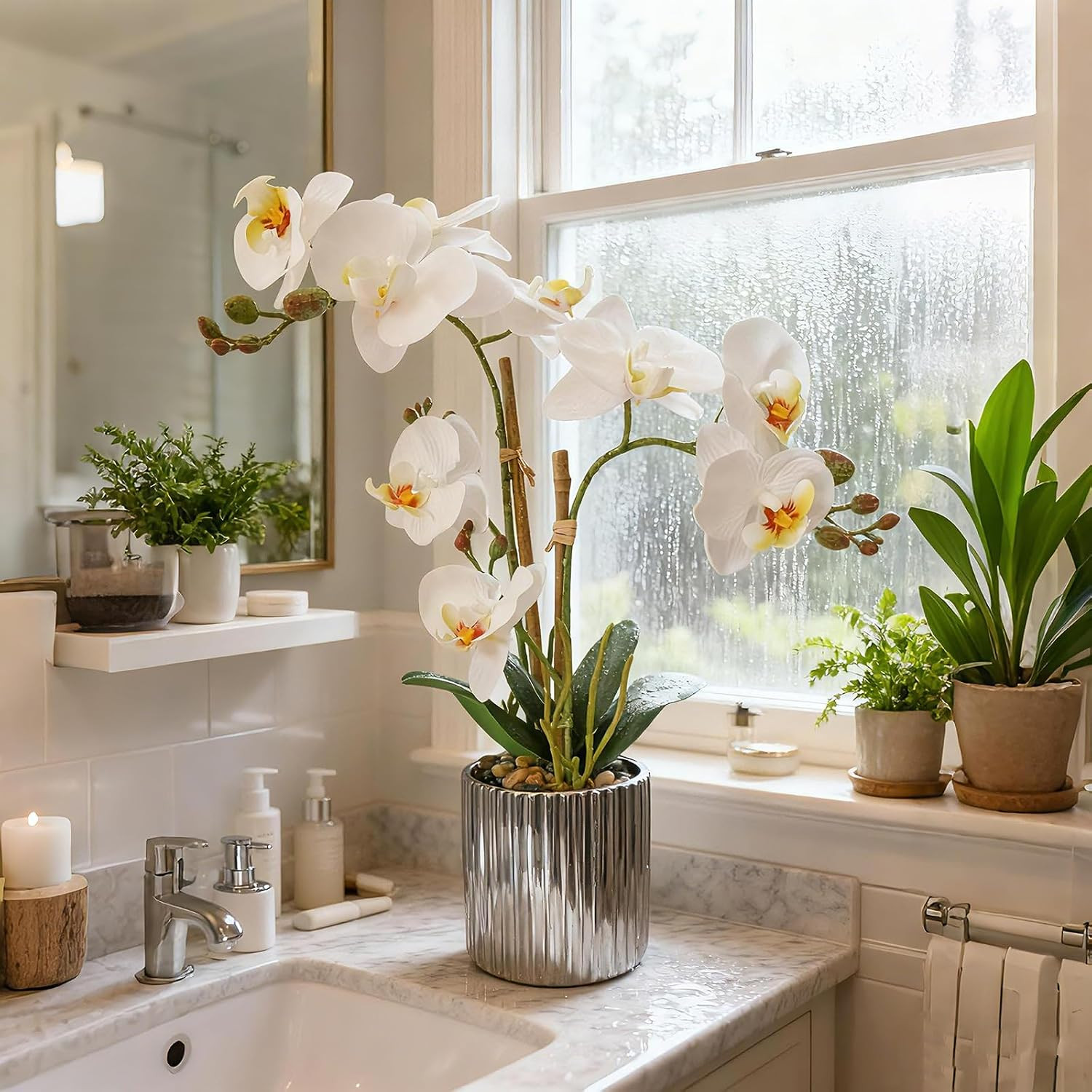 Realistic White Orchid Plant in Silver Vase – Elegant Home Decor Centerpiece