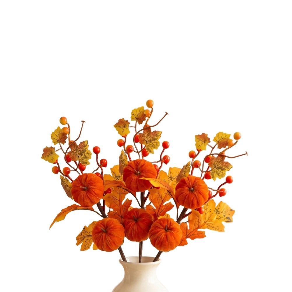 Orange Pumpkin Floral Picks 45cm 3 Pack with Realistic Maple Leaves Berries