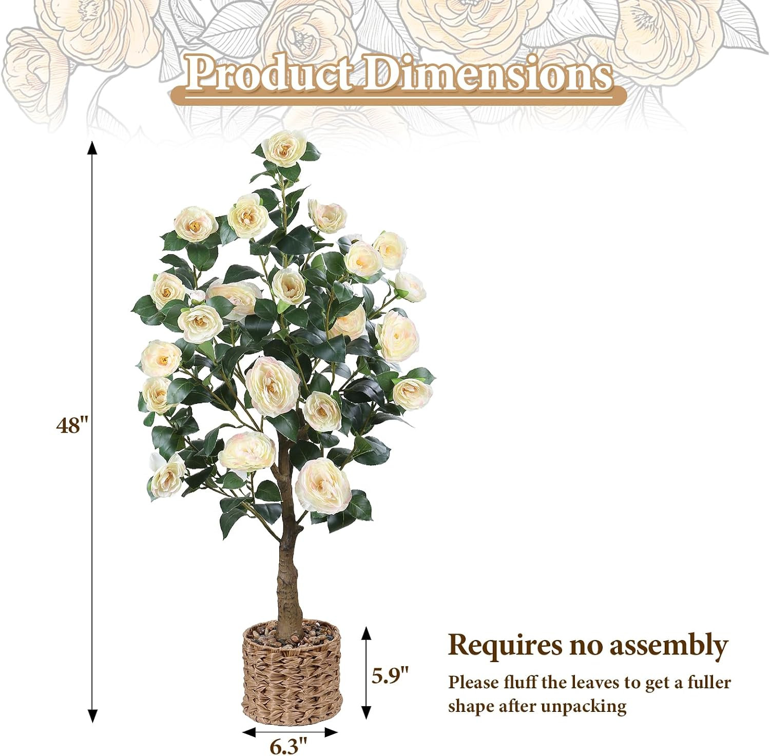 48″ Artificial Camellia Tree 2 Pack, Faux Potted Camellia Flower Tree Fake Camel