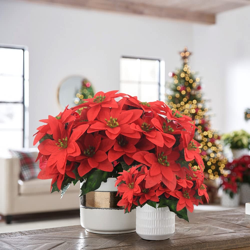 Red Artificial Poinsettia Flowers Winter Christmas Floral Bouquet 4 PCS