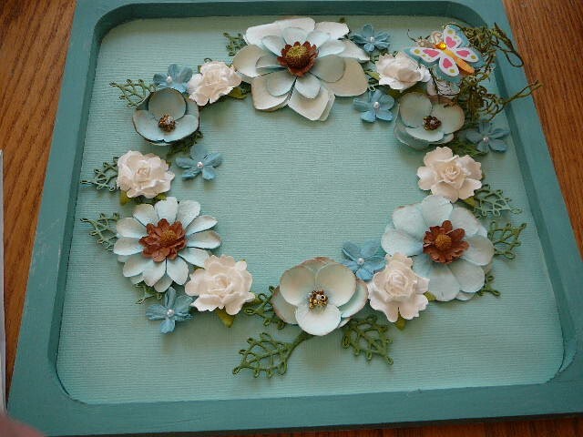 Turquoise Wood Framed Floral Flower Wreath with Butterfly Approx 8.75″ Square