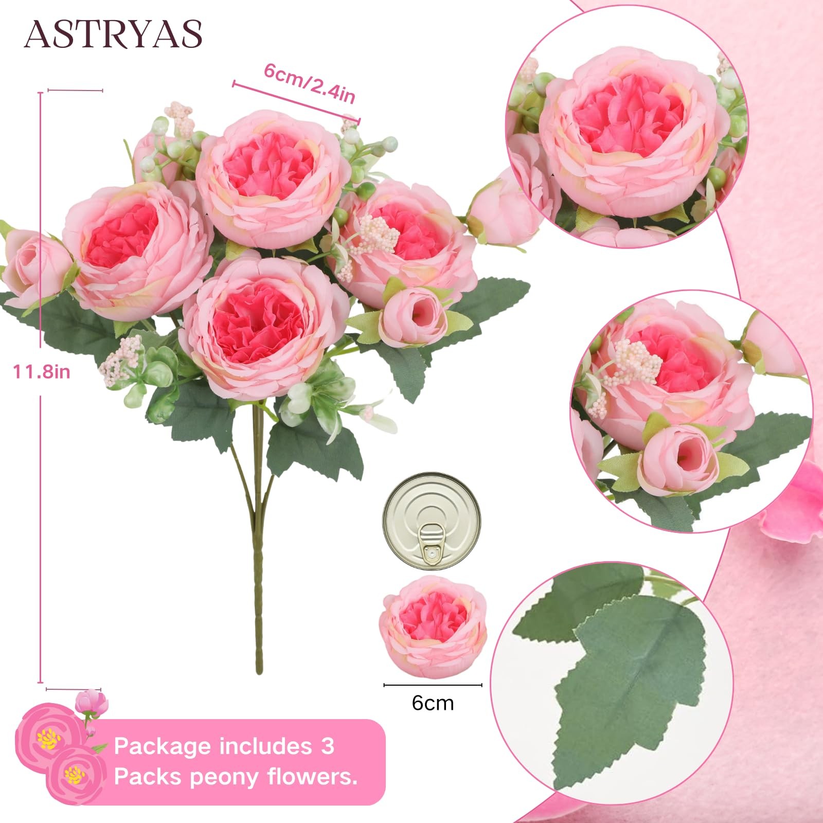3 PCS Pink Artificial Flowers Peonies Fake Bouquet Decoration Faux Roses