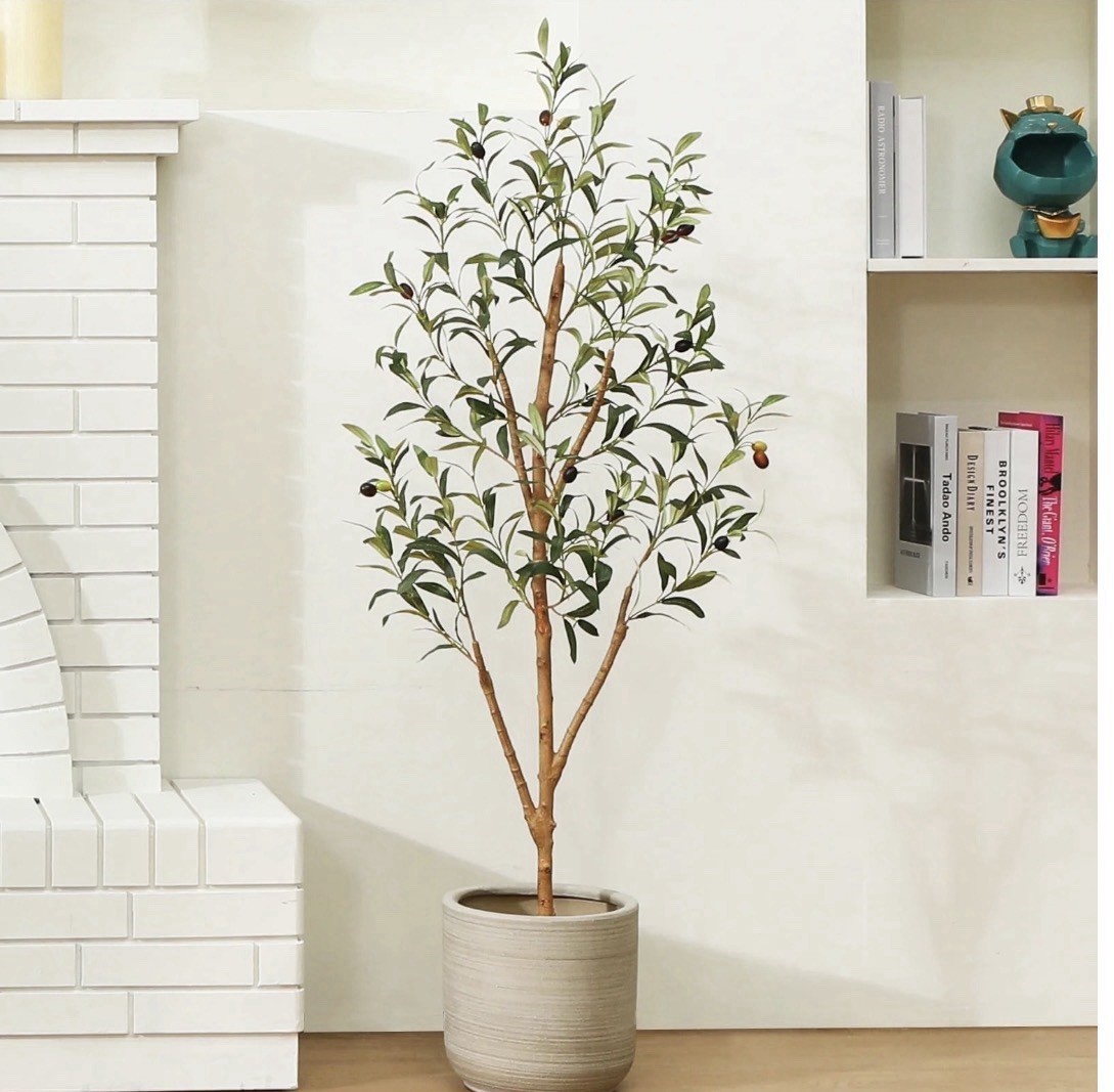 DR. Planzen 4 ft Artificial Olive Tree in Pot, Green/Brown/Black, 5 in Wide